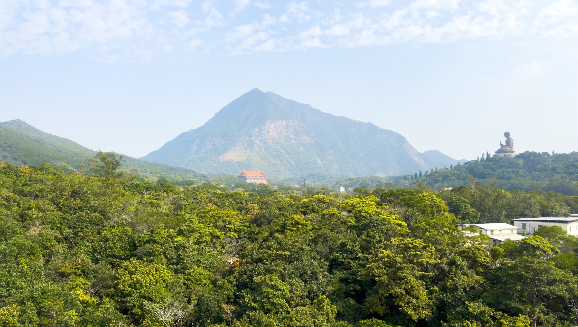 Blick auf eine Bewaldete Fläche und im Hintegrund ist auf einem der Berge ein riesiger Budda zu sehen. Links vor einem Hohen Berg steht ein riesiges Gbeäude mit typischer chinesischer architektur